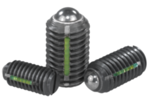 Verende drukstukken met gleuf en kogel, staal, met schroefborging Verende drukstukken met gleuf en kogel, staal, met schroefborging