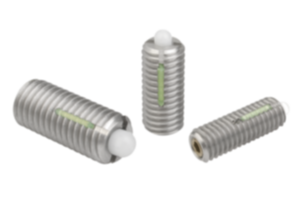 Verende drukstukken met binnenzeskant en drukpen van POM, rvs, met schroefborging Verende drukstukken met binnenzeskant en drukpen van POM, rvs, met schroefborging