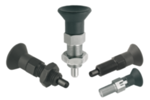 Indexing plungers, steel or stainless steel with plastic mushroom grip and extended indexing pin - inch Indexing plungers, steel or stainless steel with plastic mushroom grip and extended indexing pin - inch