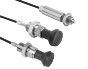 Indexing plungers, stainless steel with plastic mushroom grip and remote actuation Indexing plungers, stainless steel with plastic mushroom grip and remote actuation