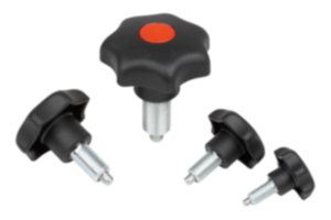 Indexing and clamping grips, steel with plastic star grip and optical lock indicator Indexing and clamping grips, steel with plastic star grip and optical lock indicator