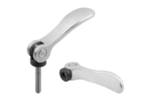 Cam levers, stainless steel with internal or external thread, plastic thrust washer and stainless steel stud Cam levers, stainless steel with internal or external thread, plastic thrust washer and stainless steel stud