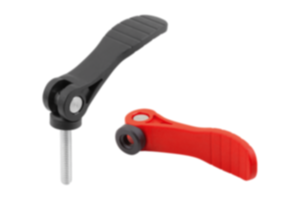 Cam levers, plastic with internal or external thread, plastic thrust washer and steel or stainless steel stud Cam levers, plastic with internal or external thread, plastic thrust washer and steel or stainless steel stud