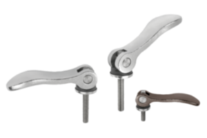 Cam levers, stainless steel, adjustable with external thread, plastic-metal thrust washer and stainless steel stud Cam levers, stainless steel, adjustable with external thread, plastic-metal thrust washer and stainless steel stud