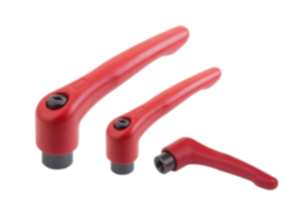 Clamping levers, steel, with internal thread, ruby red, threaded insert black oxidised steel Clamping levers, steel, with internal thread, ruby red, threaded insert black oxidised steel