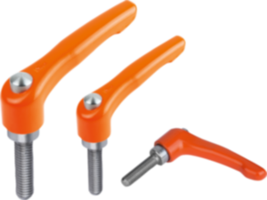 Manettes indexables en zinc injecté haute pression avec filetage et bouchon de protection, satinées mates orange vif, insert fileté en inox Manettes indexables en zinc injecté haute pression avec filetage et bouchon de protection, satinées mates orange vif, insert fileté en inox