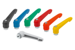 Clamping levers, plastic, with internal thread and zinc toothed ring, threaded insert blue passivated steel Clamping levers, plastic, with internal thread and zinc toothed ring, threaded insert blue passivated steel