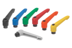 Clamping levers, plastic, with internal thread and zinc toothed ring, threaded insert black oxidised steel Clamping levers, plastic, with internal thread and zinc toothed ring, threaded insert black oxidised steel