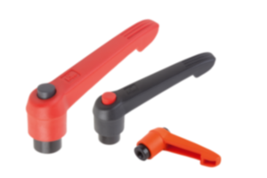 Clamping levers, plastic with internal thread and push button, threaded insert black oxidised steel Clamping levers, plastic with internal thread and push button, threaded insert black oxidised steel