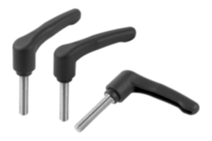 Clamping levers, plastic, metal detectable with external thread, threaded pin stainless steel Clamping levers, plastic, metal detectable with external thread, threaded pin stainless steel