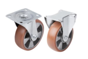 Plaatstalen zwenk- en bokwielen met elastisch massief rubber loopvlak, middelzware uitvoering Plaatstalen zwenk- en bokwielen met elastisch massief rubber loopvlak, middelzware uitvoering