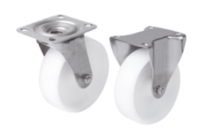 Zwenk- en bokwielen rvs met polyamide wiel, standaarduitvoering Zwenk- en bokwielen rvs met polyamide wiel, standaarduitvoering