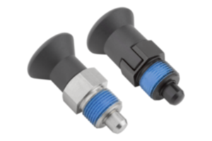 Indexing plungers, steel or stainless steel, short version with plastic mushroom grip and thread lock Indexing plungers, steel or stainless steel, short version with plastic mushroom grip and thread lock