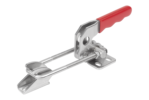 Beugelspanner staal of rvs, horizontaal met tegenhouder en lang verstelweg, kunststof greep rood Beugelspanner staal of rvs, horizontaal met tegenhouder en lang verstelweg, kunststof greep rood