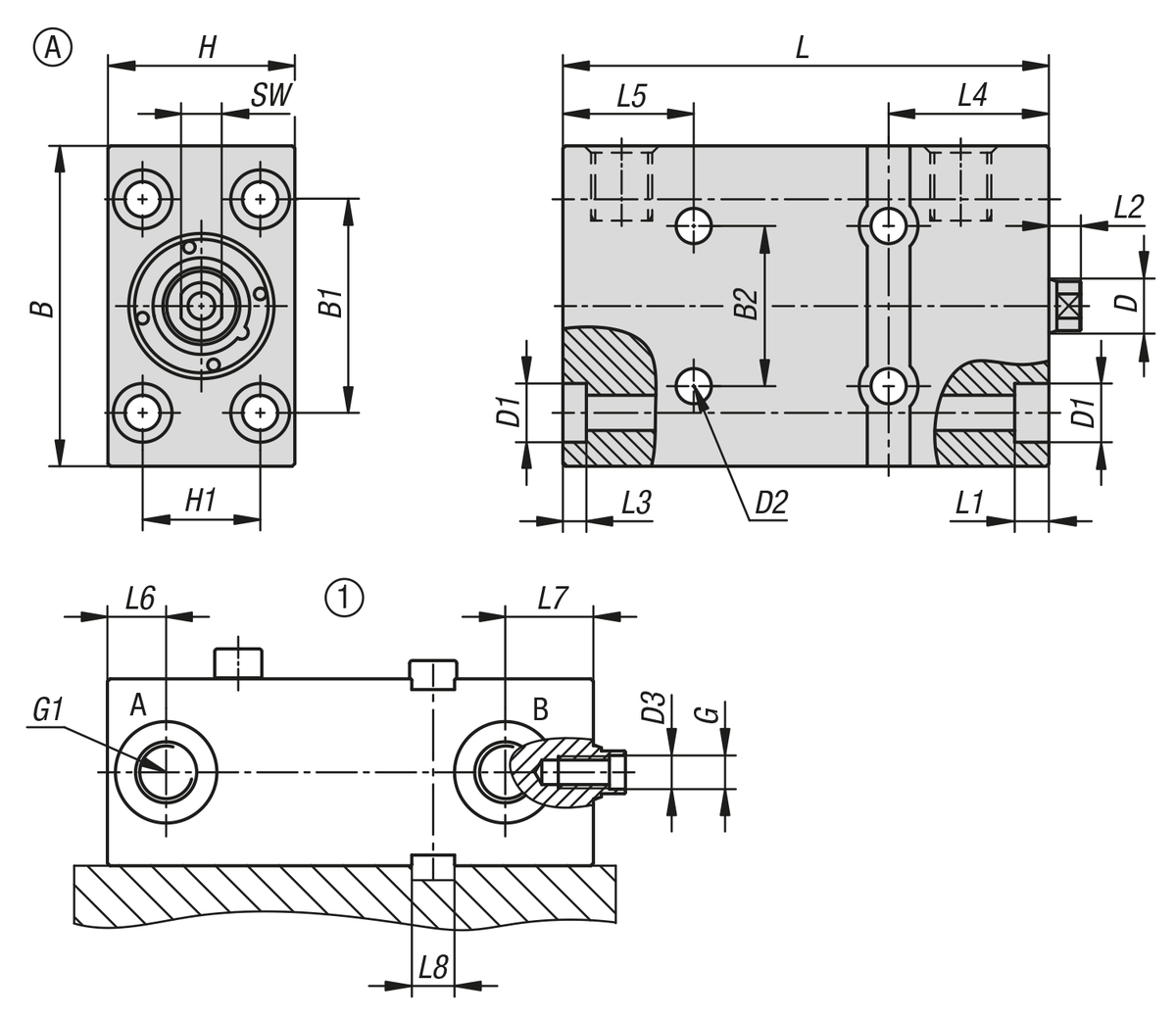 Blokcilinder hydraulisch met metalen afstrijker
dubbel-/enkelwerkend met veerretour, vorm A