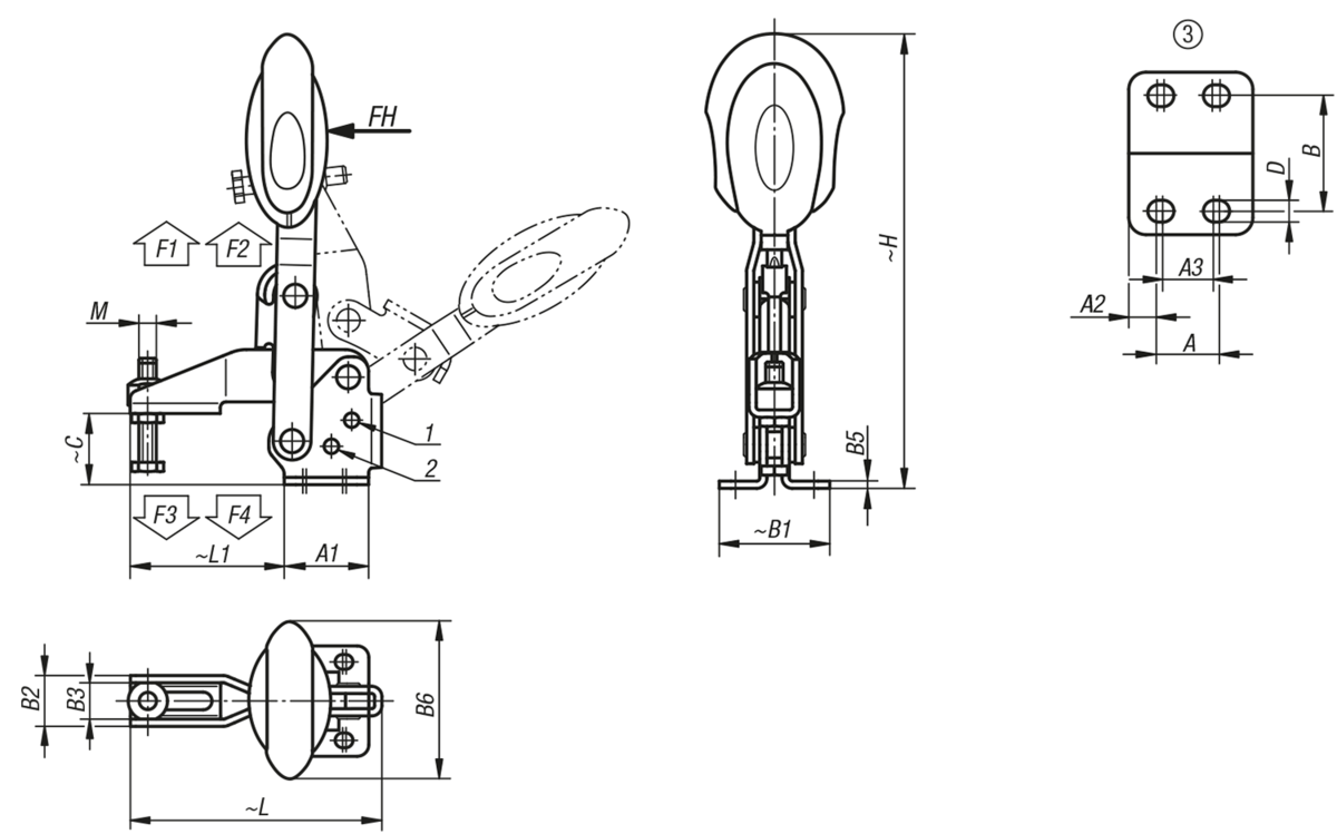 Snelspanner verticaal met veiligheidsvergrendeling met horizontale voet en verstelbare aandrukspindel, rvs