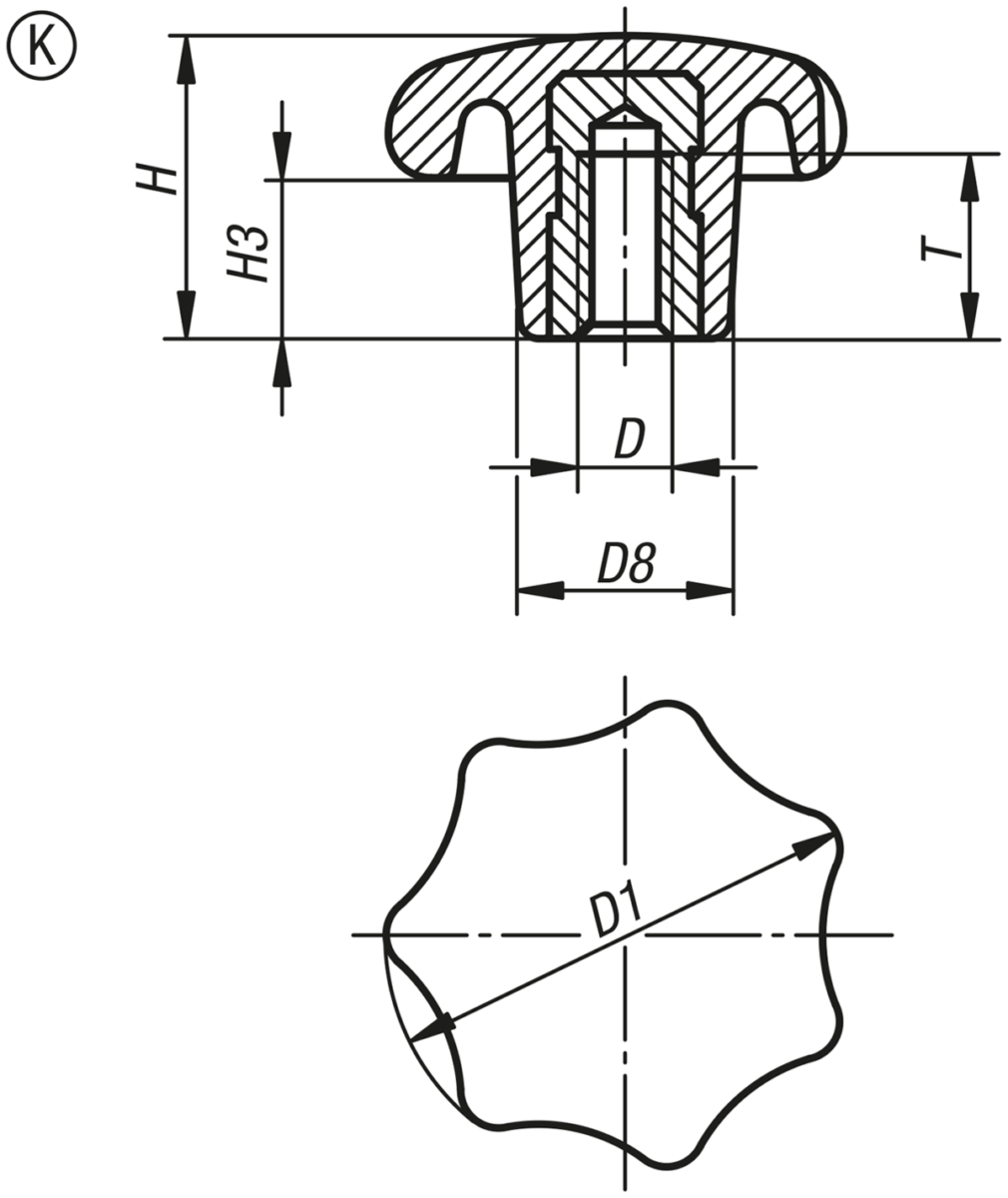 Stergrepen zoals DIN 6336 staaldelen rvs vorm K met draadbus