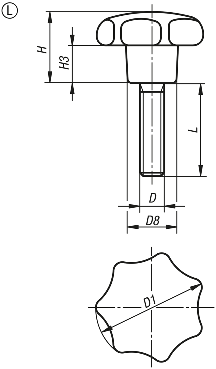 Stergrepen zoals DIN 6336, staaldelen rvs, buitendraad, vorm L met buitendraad