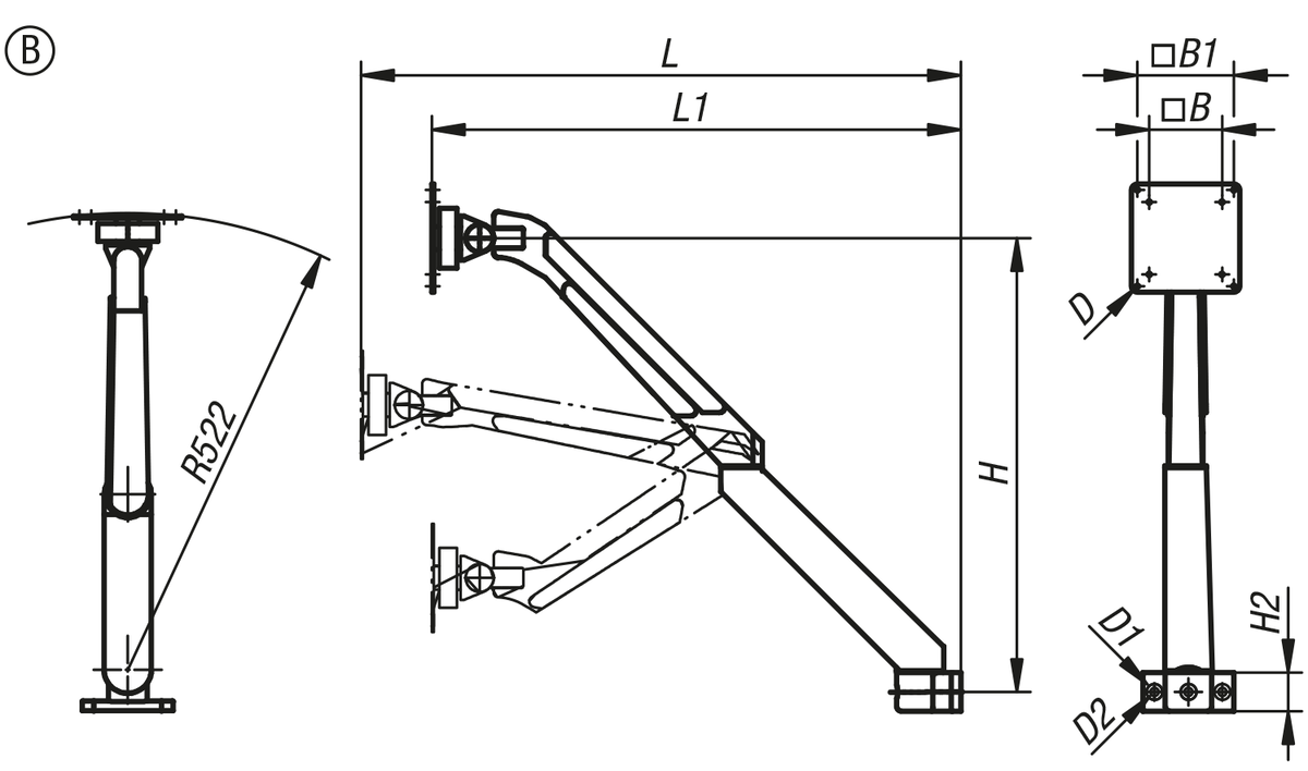 Monitorhouders aluminium, in hoogte verstelbaar
4 of 5 assen, vorm B, 5 assen